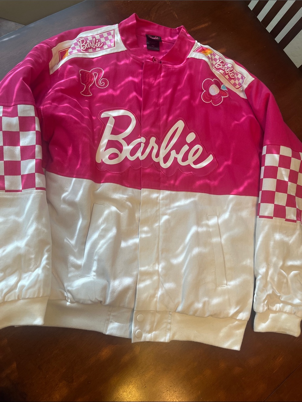 Barbie racer jacket pink box lunch nascar embroidered